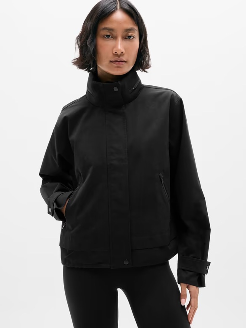 Athleta Black Cropped Utility Jacket with Hidden Hood